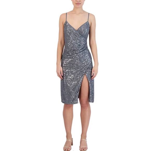 BCBG Generation Gunmetal Sequin V Neck Ruched Holiday Dress - M - Picture 1 of 8